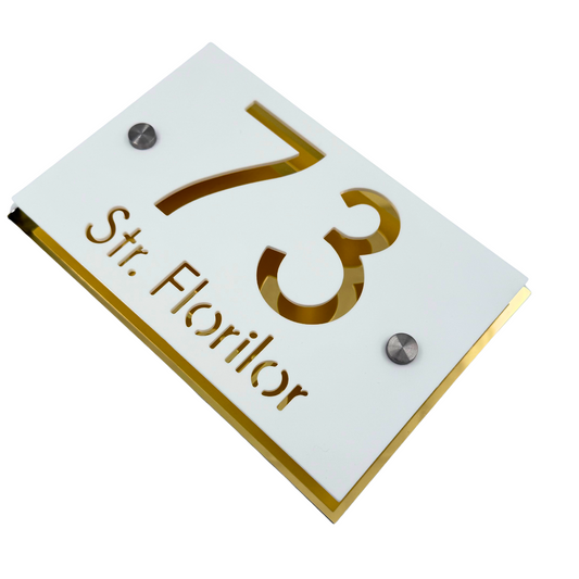 PREMIUM HOUSE NUMBER - White Satin Aluminium Gold Mirror 2 Spacers Silver - 20×13 cm
