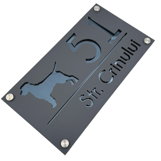 PREMIUM HOUSE NUMBER - Satin Grey Anthracite Grey Mirror 4 Spacers Silver - 28×15 cm