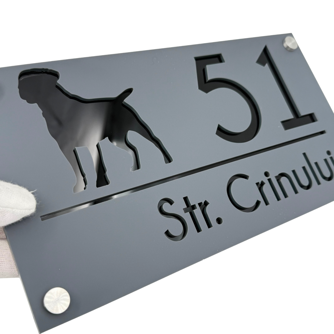 PREMIUM HOUSE NUMBER - Satin Grey Glossy Black 4 Spacers Silver - 28×15 cm