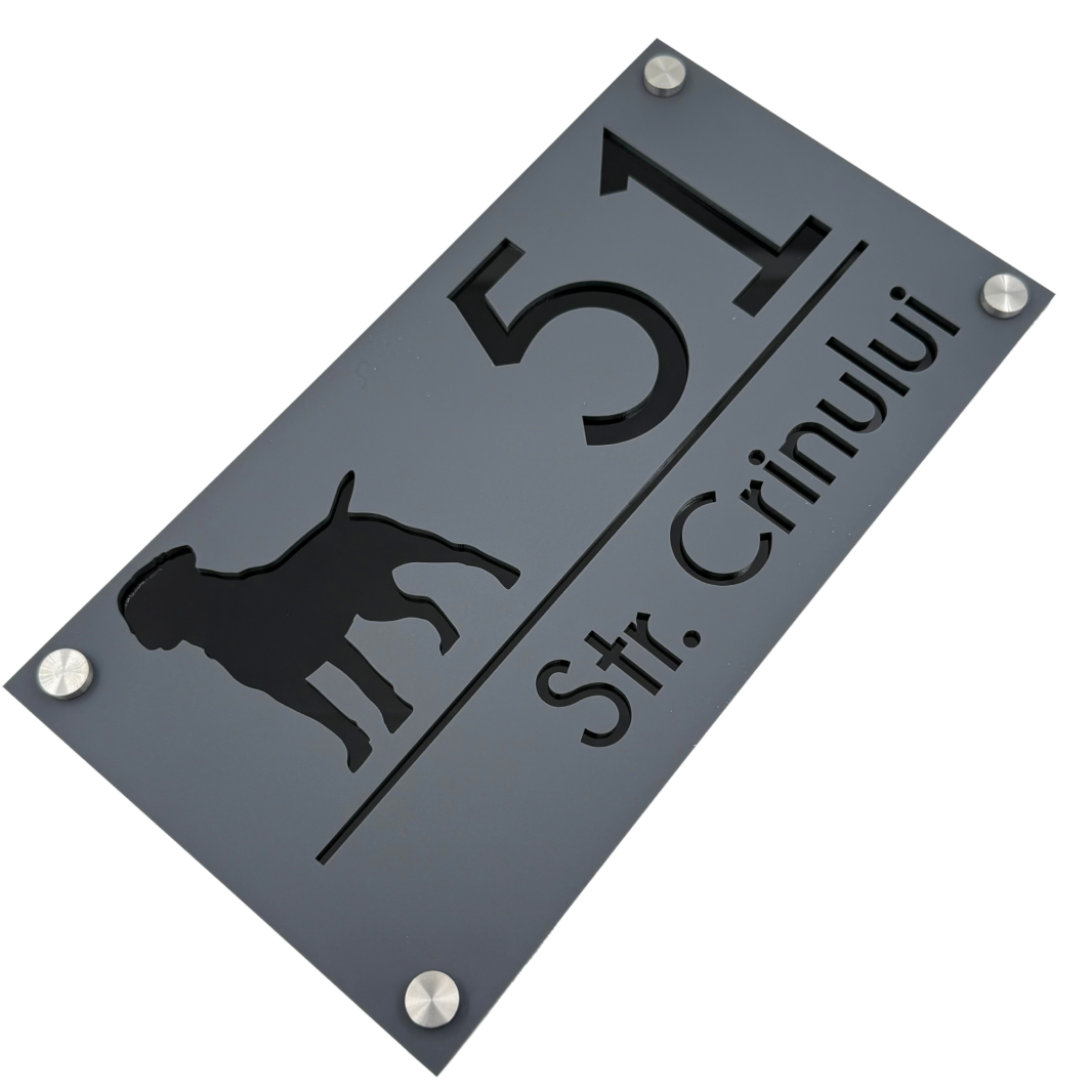PREMIUM HOUSE NUMBER - Satin Grey Glossy Black 4 Spacers Silver - 28×15 cm