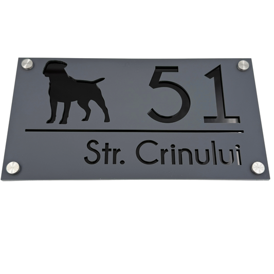PREMIUM HOUSE NUMBER - Satin Grey Glossy Black 4 Spacers Silver - 28×15 cm