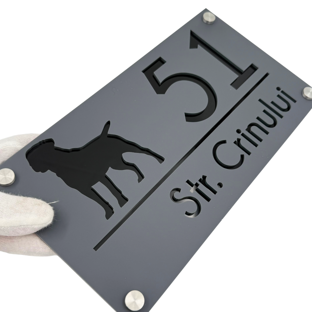 PREMIUM HOUSE NUMBER - Satin Grey Glossy Black 4 Spacers Silver - 28×15 cm