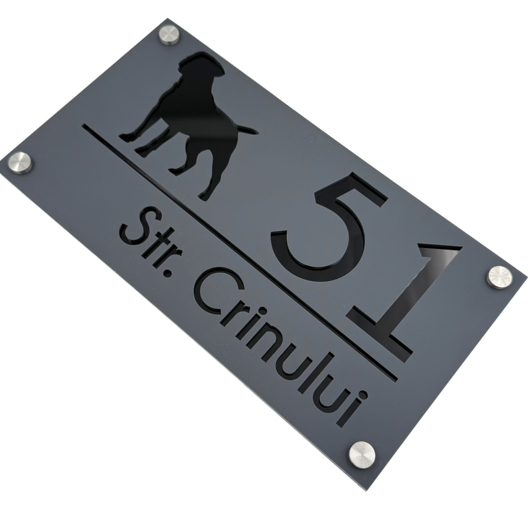 PREMIUM HOUSE NUMBER - Satin Grey Glossy Black 4 Spacers Silver - 28×15 cm