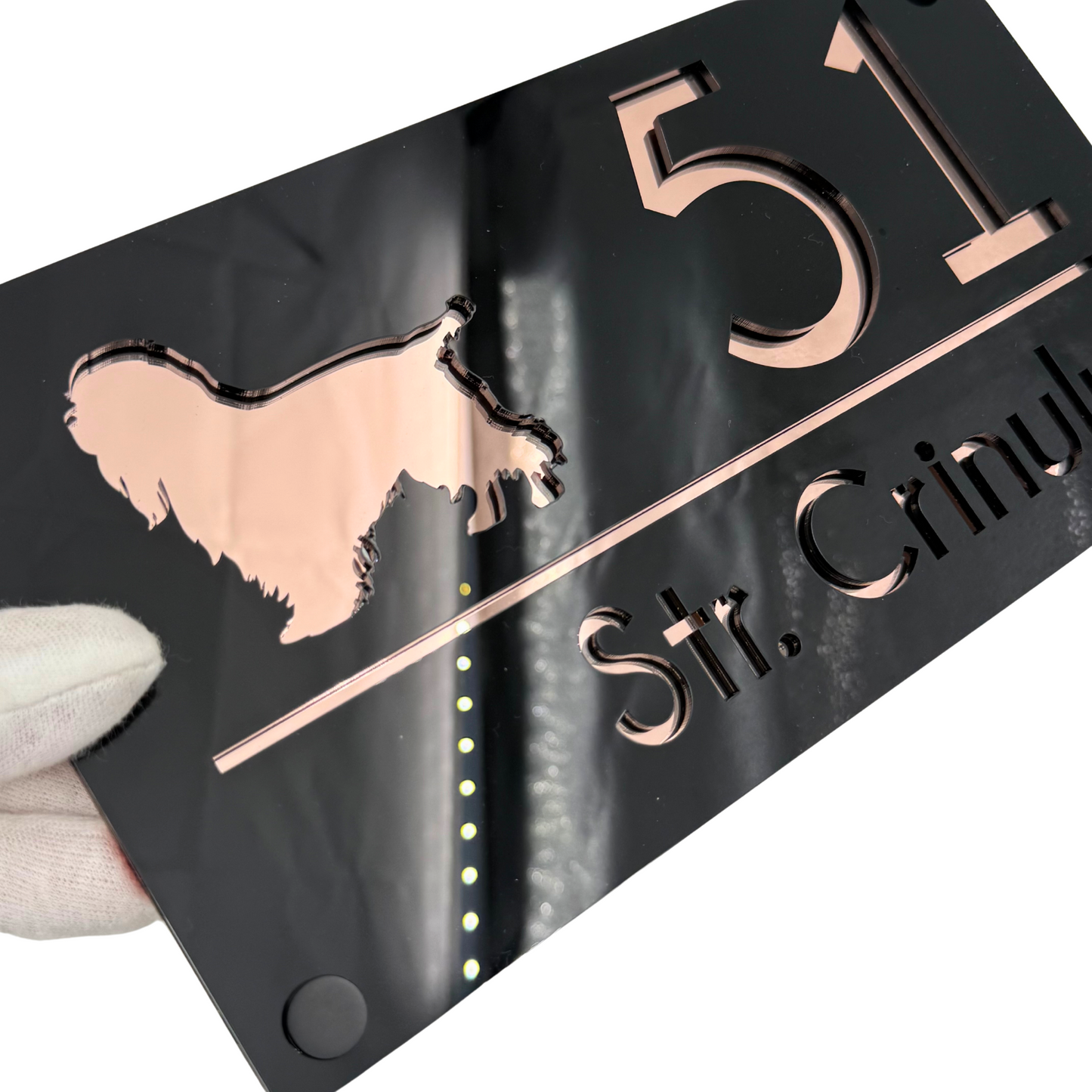 PREMIUM HOUSE NUMBER - Glossy Black Rose Gold Mirror 4 Spacers NeGreyi - 28×15 cm