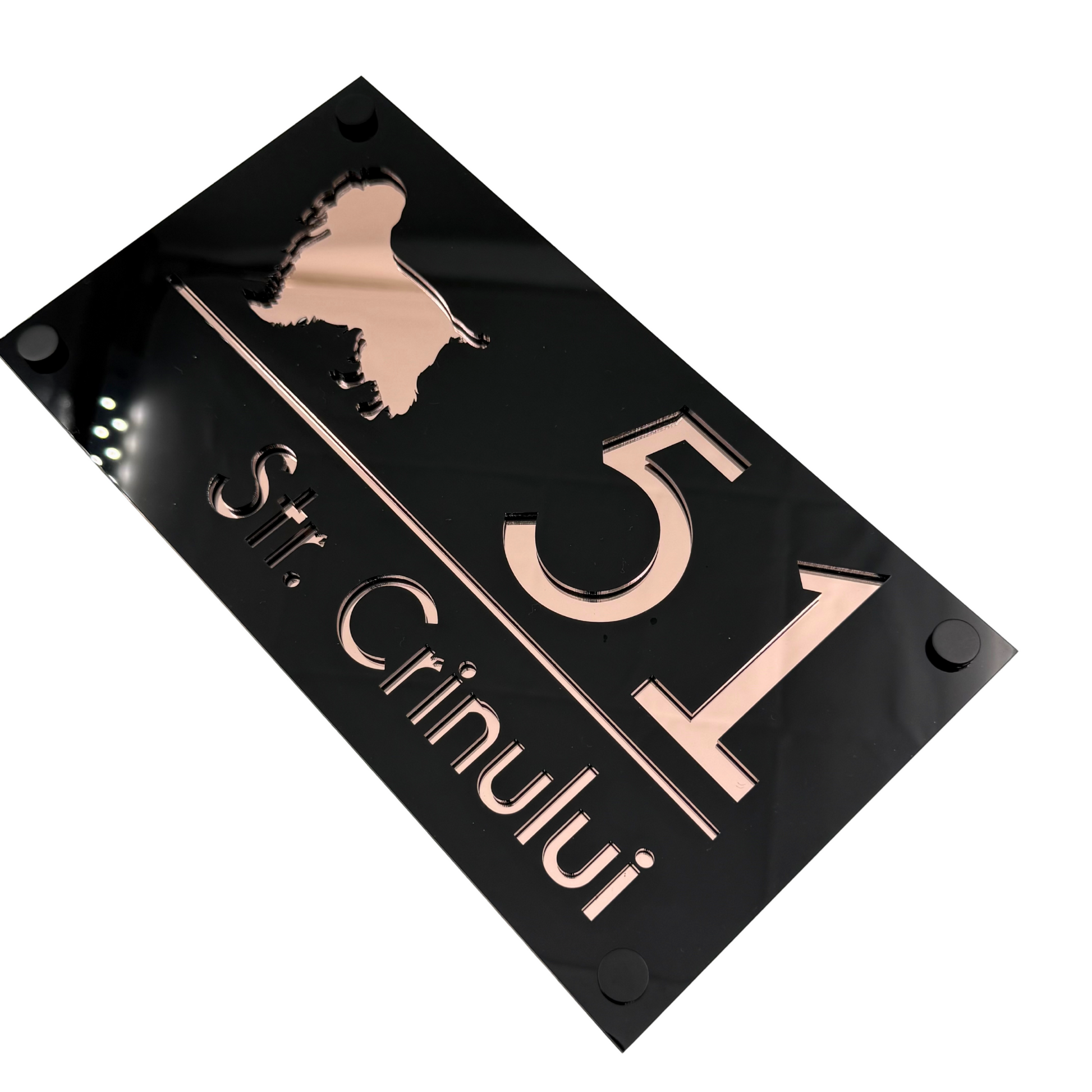 PREMIUM HOUSE NUMBER - Glossy Black Rose Gold Mirror 4 Spacers NeGreyi - 28×15 cm