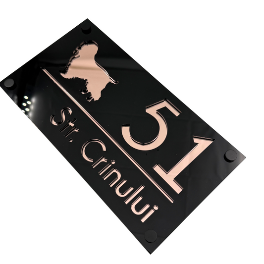 PREMIUM HOUSE NUMBER - Glossy Black Rose Gold Mirror 4 Spacers NeGreyi - 28×15 cm