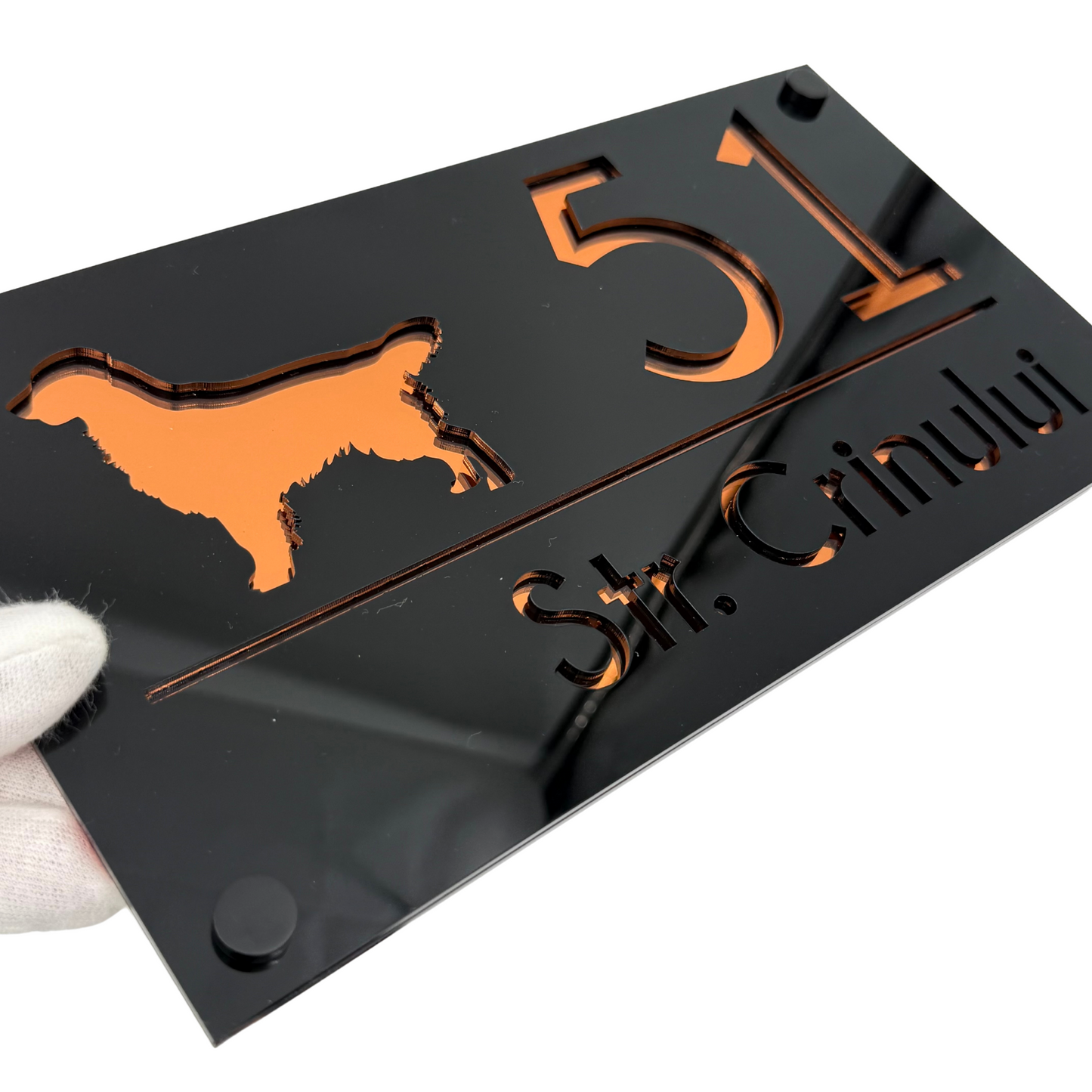 PREMIUM HOUSE NUMBER - Glossy Black Copper Mirror 4 Spacers Silver - 28×15 cm