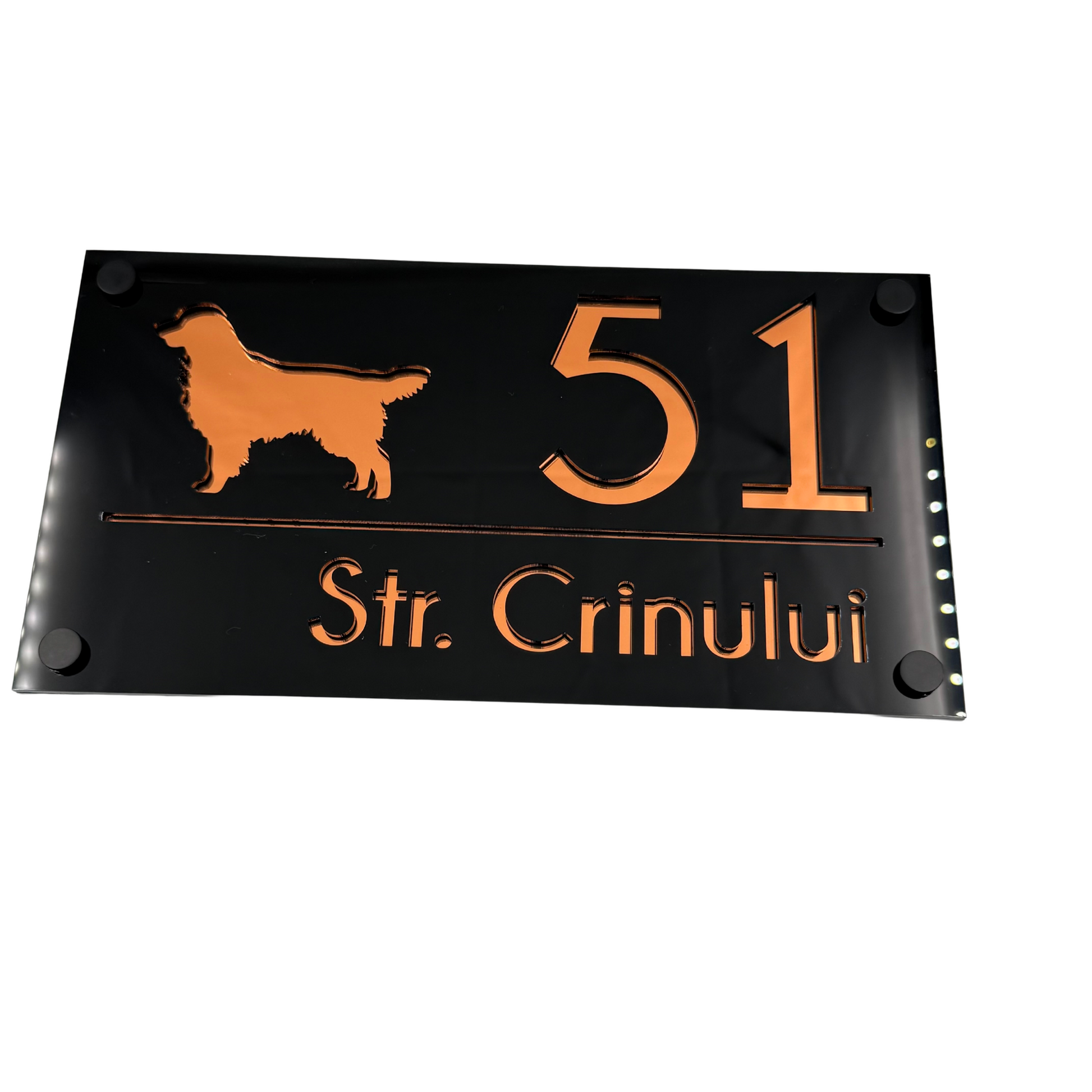 PREMIUM HOUSE NUMBER - Glossy Black Copper Mirror 4 Spacers Silver - 28×15 cm