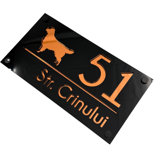 PREMIUM HOUSE NUMBER - Glossy Black Copper Mirror 4 Spacers Silver - 28×15 cm