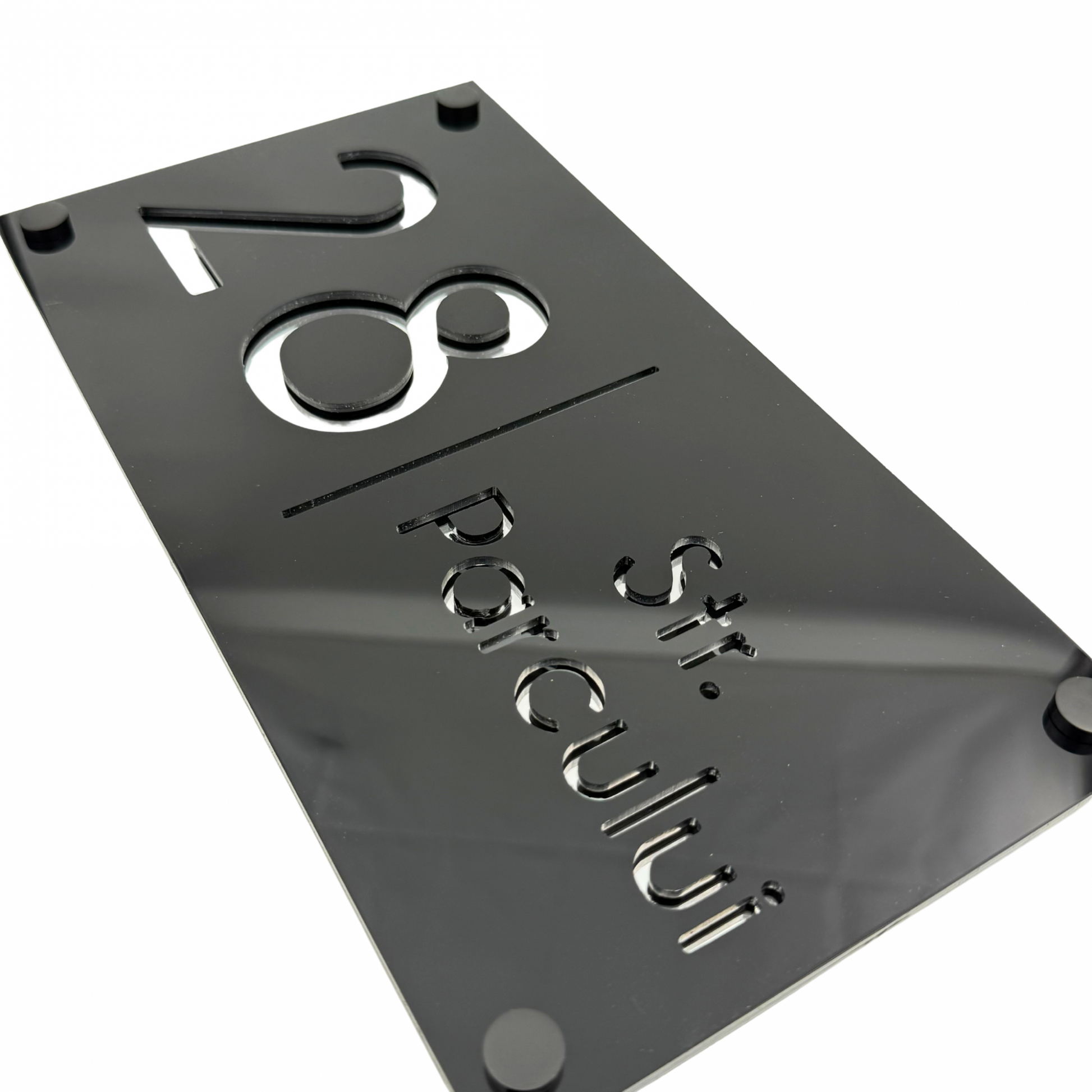 PREMIUM HOUSE NUMBER - Glossy Black Silver Mirror 4 Spacers NeGreyi - 28×15 cm