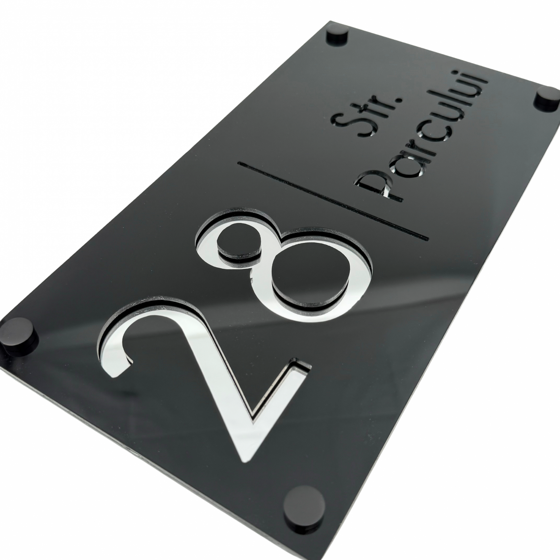 PREMIUM HOUSE NUMBER - Glossy Black Silver Mirror 4 Spacers NeGreyi - 28×15 cm