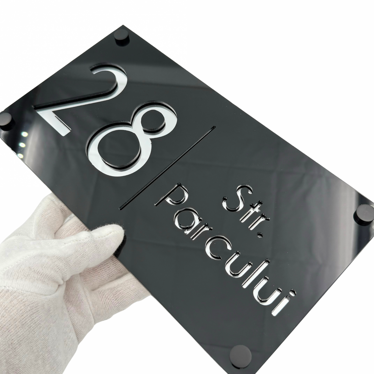 PREMIUM HOUSE NUMBER - Glossy Black Silver Mirror 4 Spacers NeGreyi - 28×15 cm