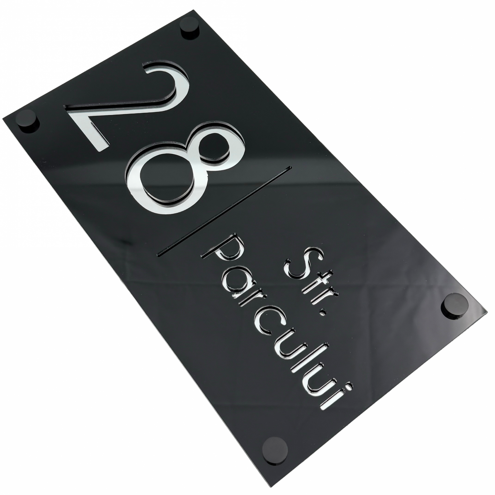 PREMIUM HOUSE NUMBER - Glossy Black Silver Mirror 4 Spacers NeGreyi - 28×15 cm