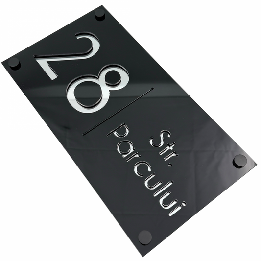PREMIUM HOUSE NUMBER - Glossy Black Silver Mirror 4 Spacers NeGreyi - 28×15 cm