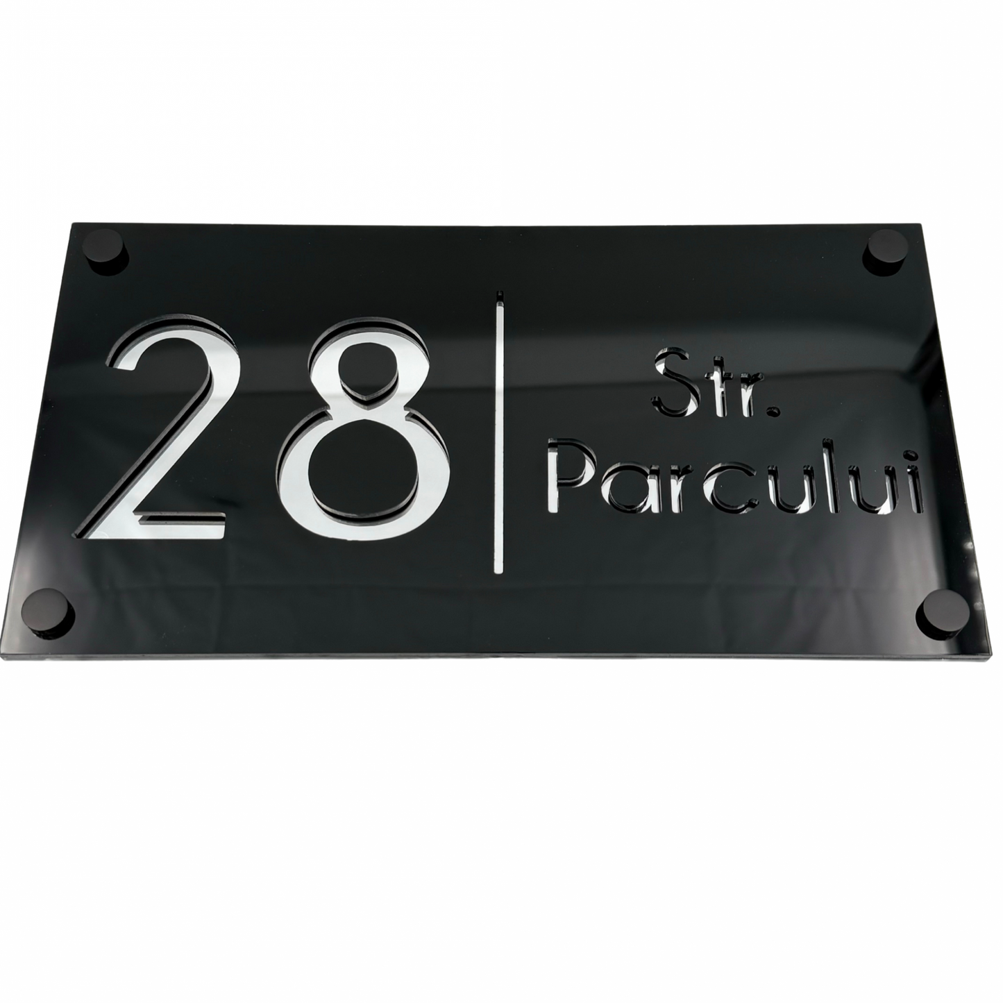 PREMIUM HOUSE NUMBER - Glossy Black Silver Mirror 4 Spacers NeGreyi - 28×15 cm