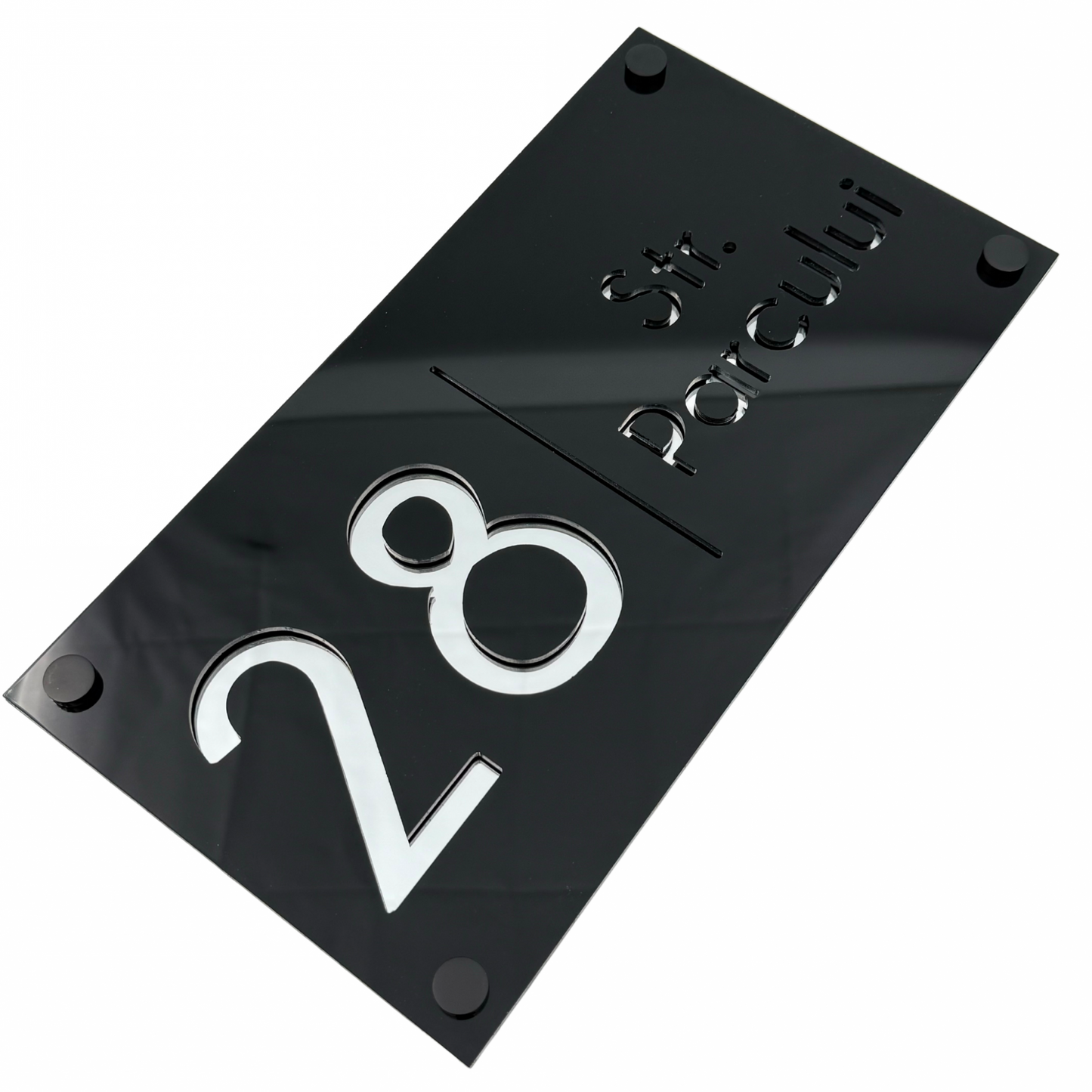PREMIUM HOUSE NUMBER - Glossy Black Silver Mirror 4 Spacers NeGreyi - 28×15 cm