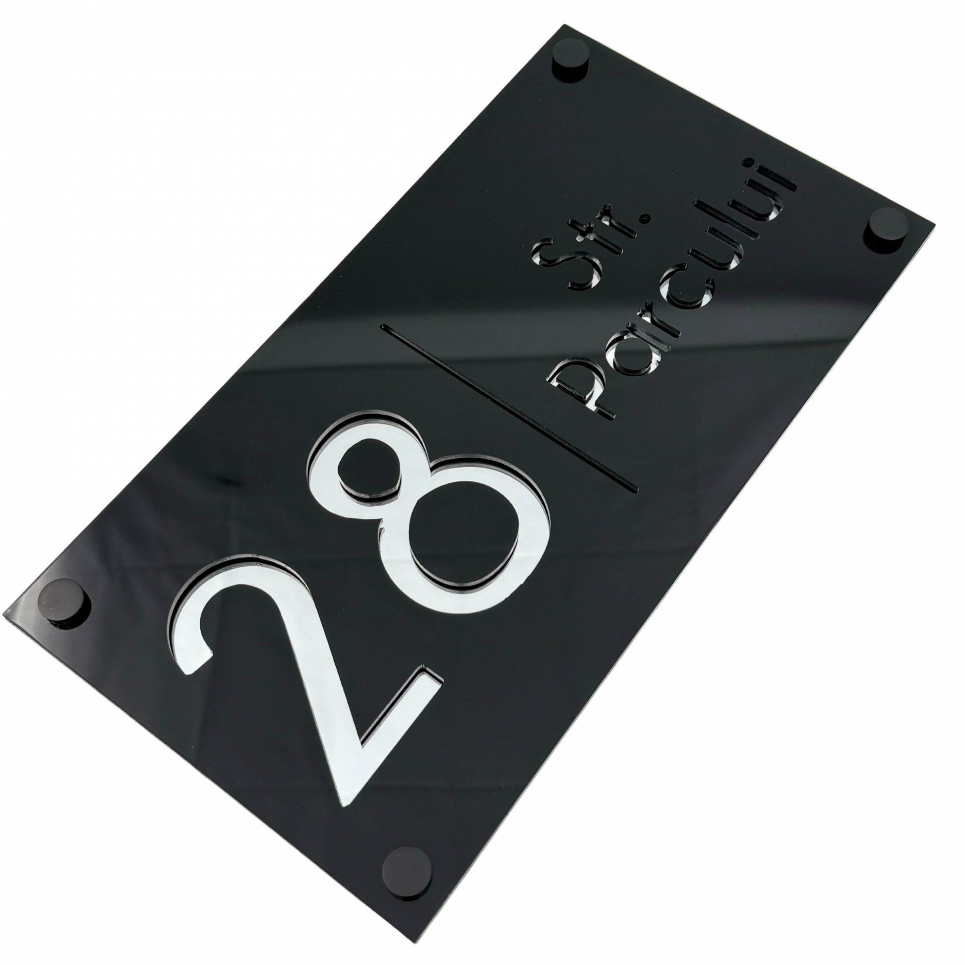 PREMIUM HOUSE NUMBER - Glossy Black Silver Mirror 4 Spacers NeGreyi - 28×15 cm