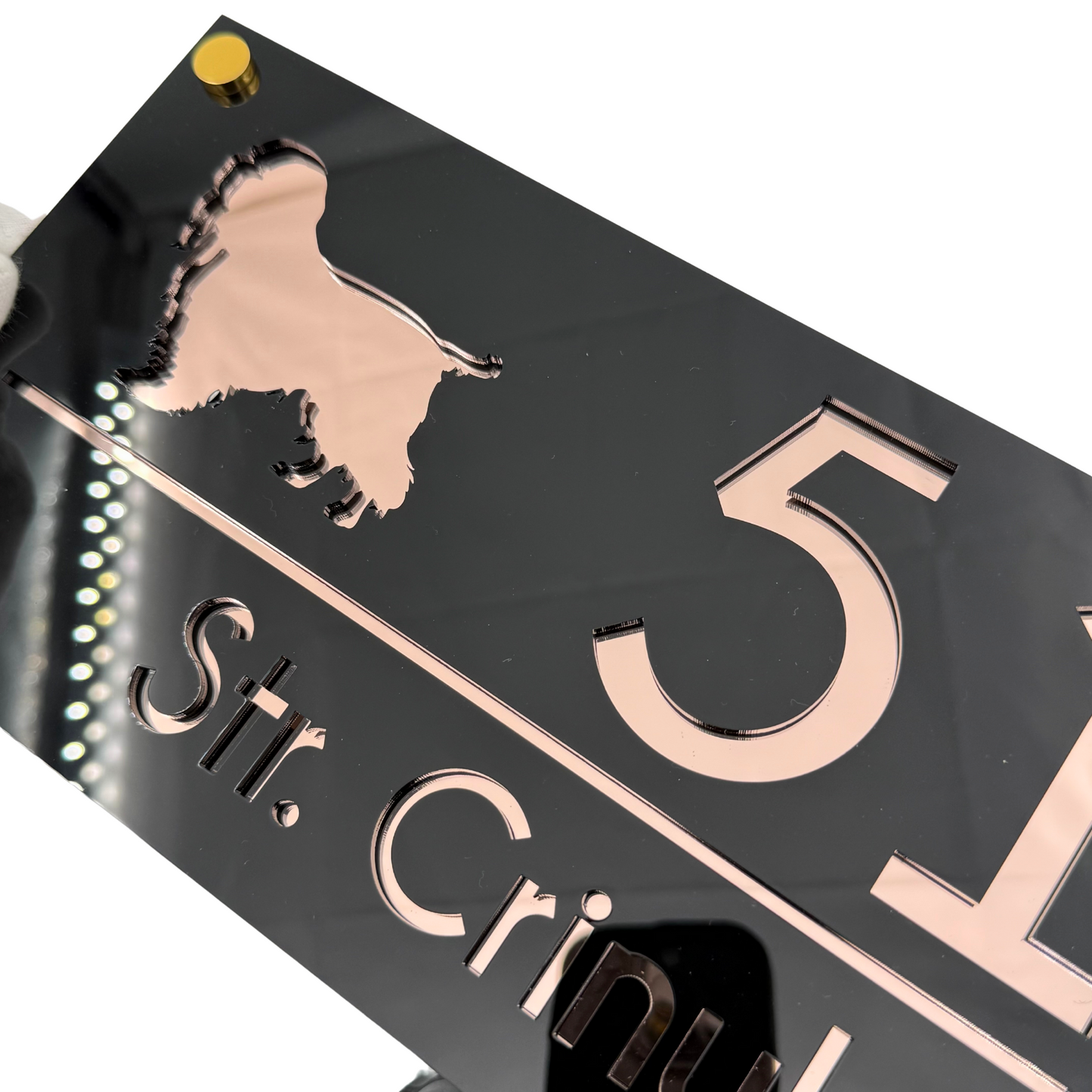 PREMIUM HOUSE NUMBER - Glossy Black Rose Gold Mirror 4 Spacers Gold - 28×15 cm