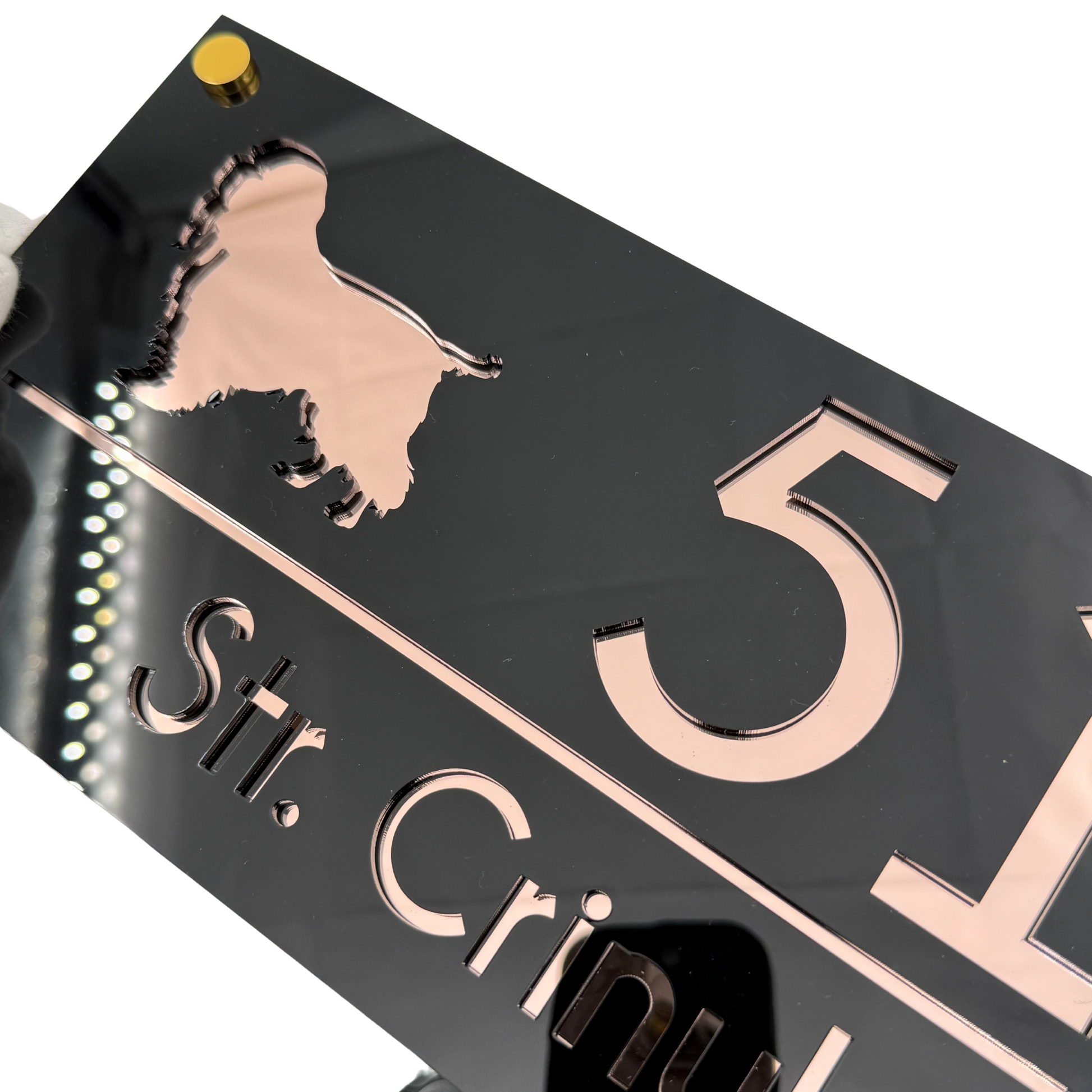 PREMIUM HOUSE NUMBER - Glossy Black Rose Gold Mirror 4 Spacers Gold - 28×15 cm