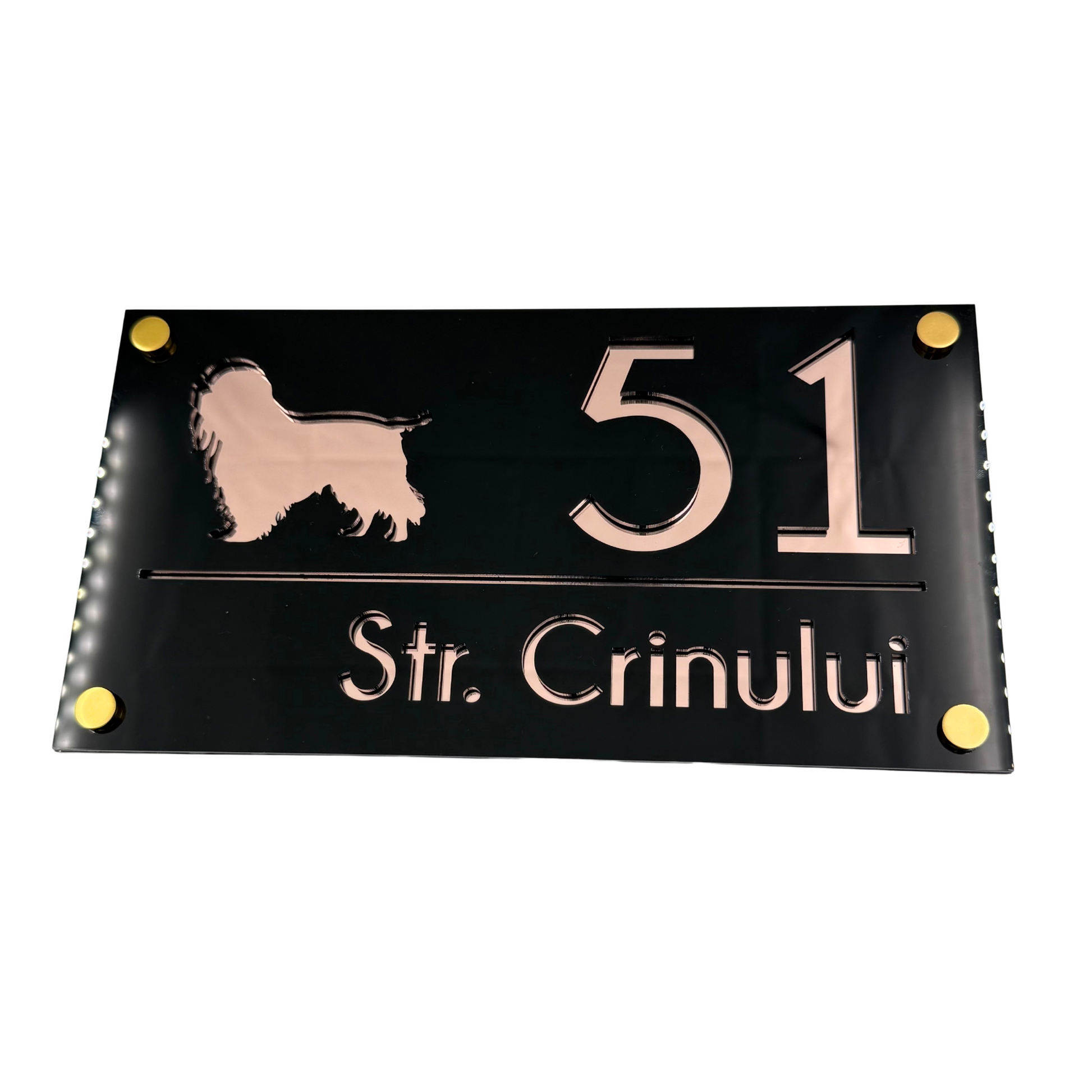 PREMIUM HOUSE NUMBER - Glossy Black Rose Gold Mirror 4 Spacers Gold - 28×15 cm