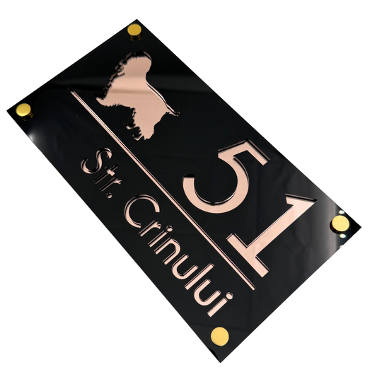 PREMIUM HOUSE NUMBER - Glossy Black Rose Gold Mirror 4 Spacers Gold - 28×15 cm