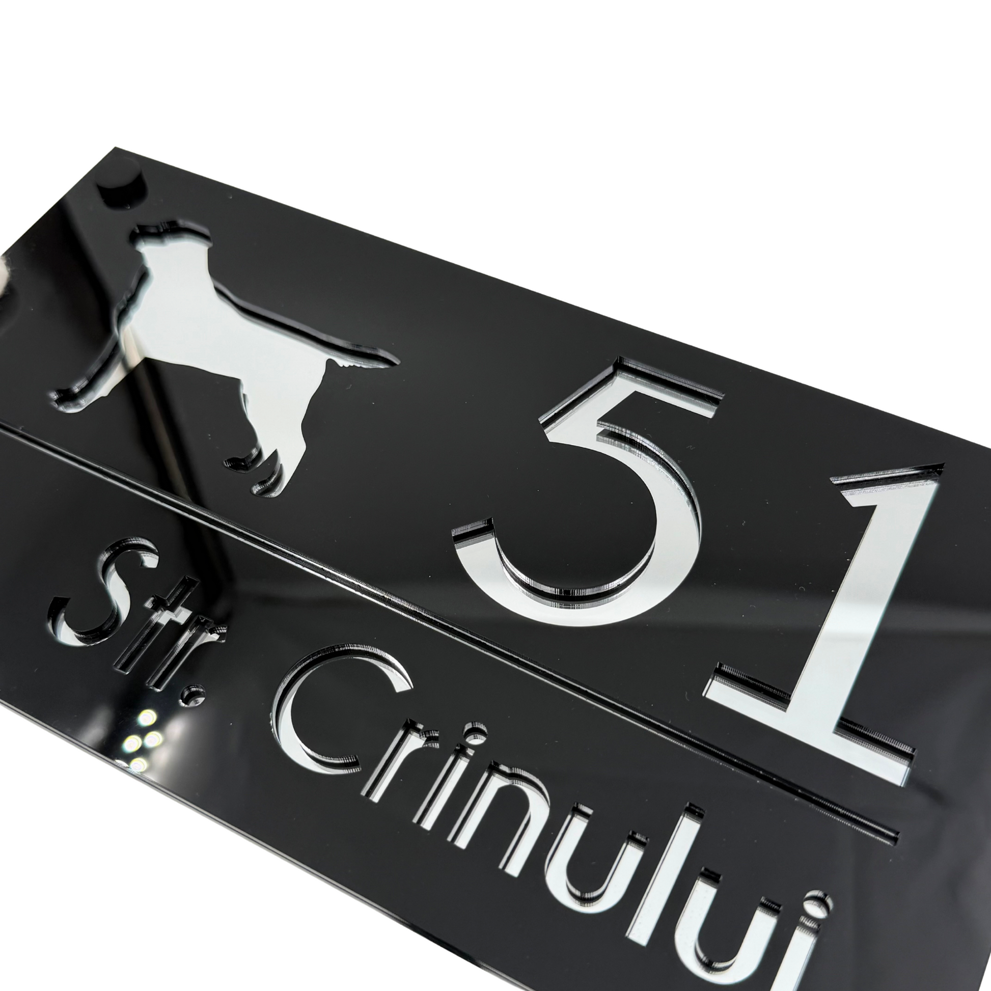 PREMIUM HOUSE NUMBER - Glossy Black Silver Mirror 4 Spacers NeGreyi - 28×15 cm