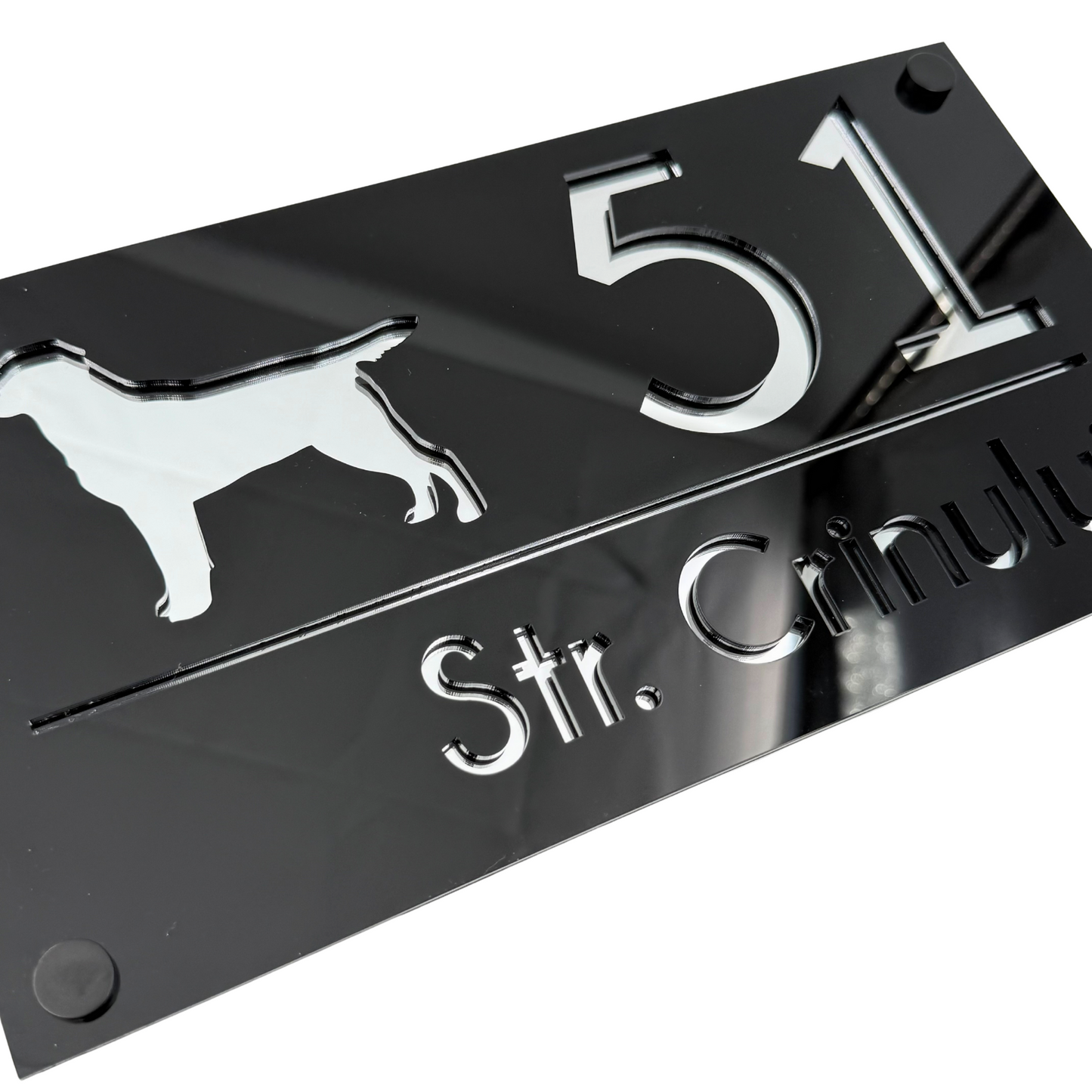 PREMIUM HOUSE NUMBER - Glossy Black Silver Mirror 4 Spacers NeGreyi - 28×15 cm