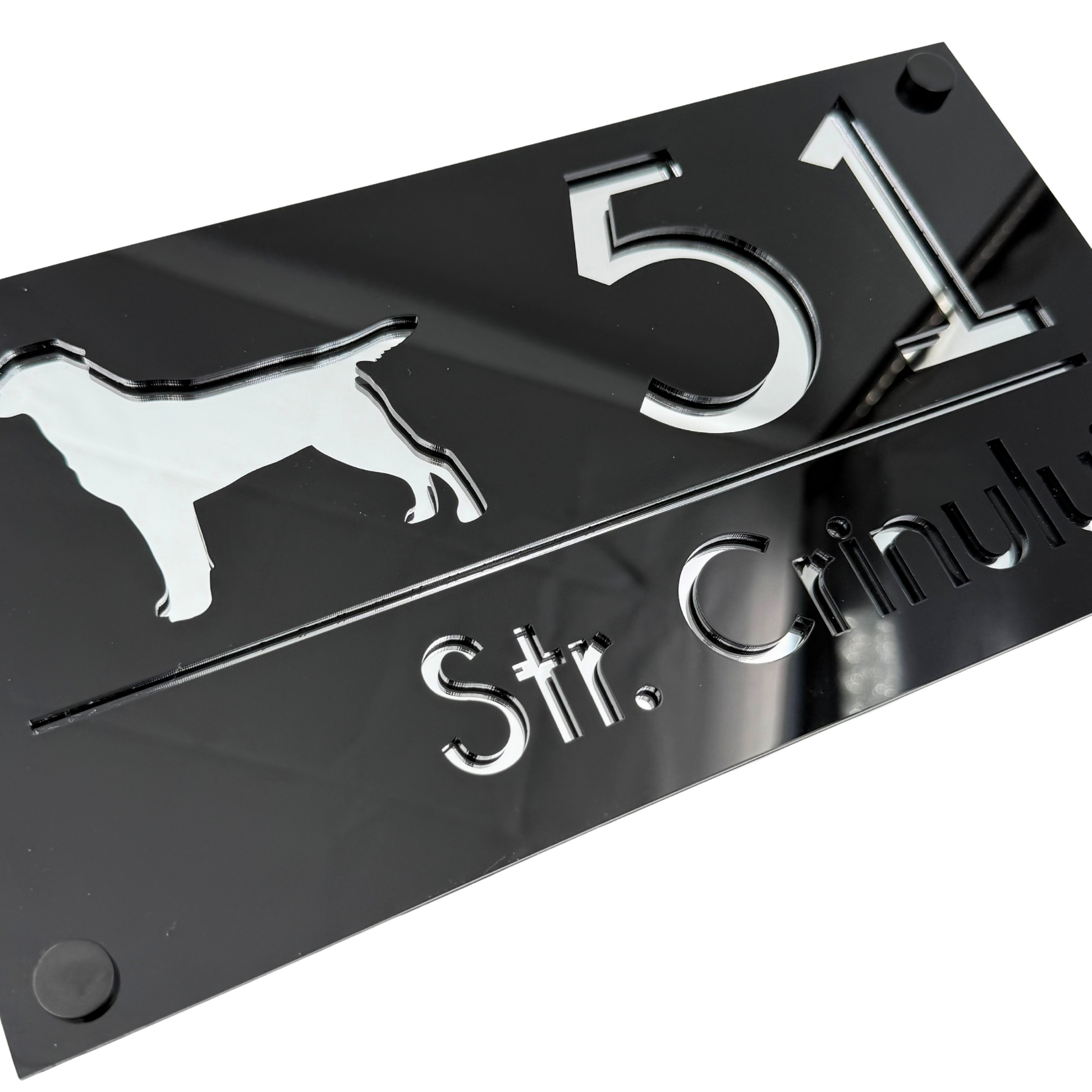 PREMIUM HOUSE NUMBER - Glossy Black Silver Mirror 4 Spacers NeGreyi - 28×15 cm