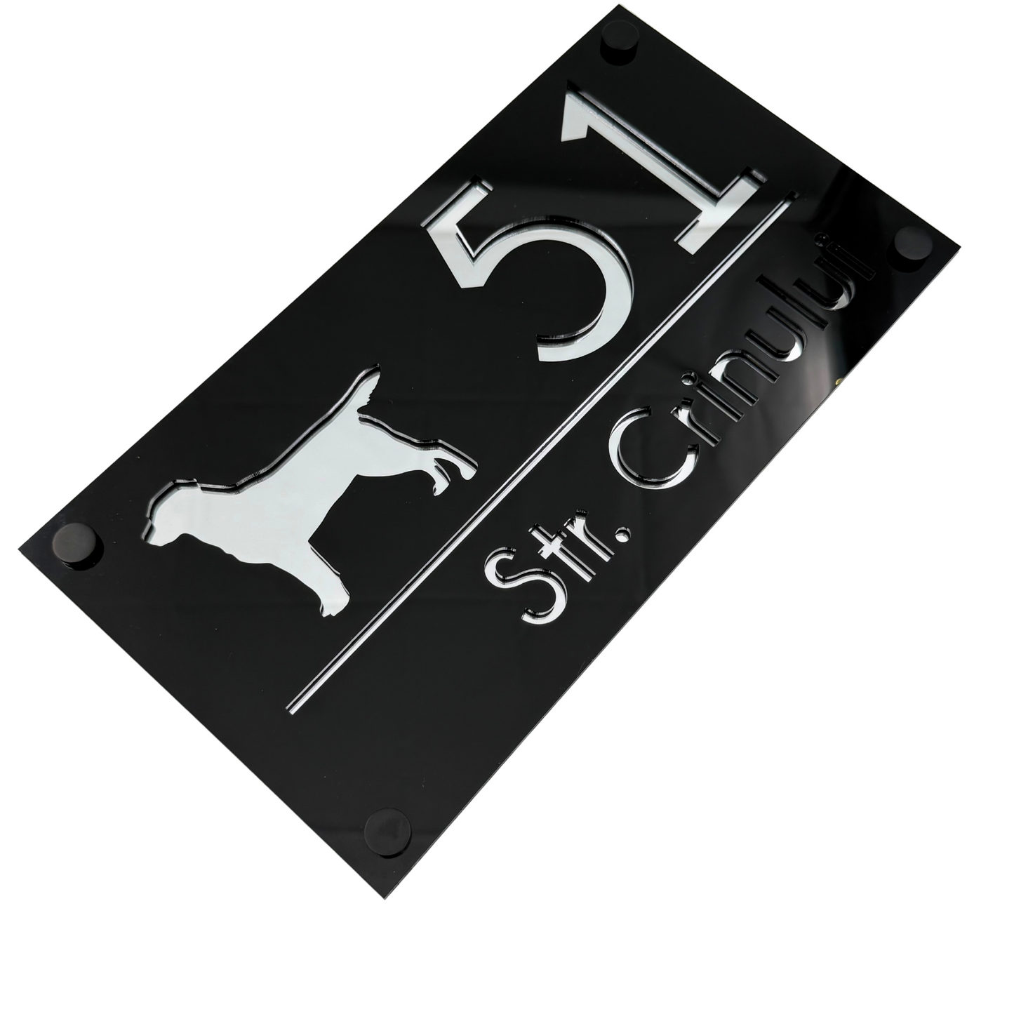 PREMIUM HOUSE NUMBER - Glossy Black Silver Mirror 4 Spacers NeGreyi - 28×15 cm