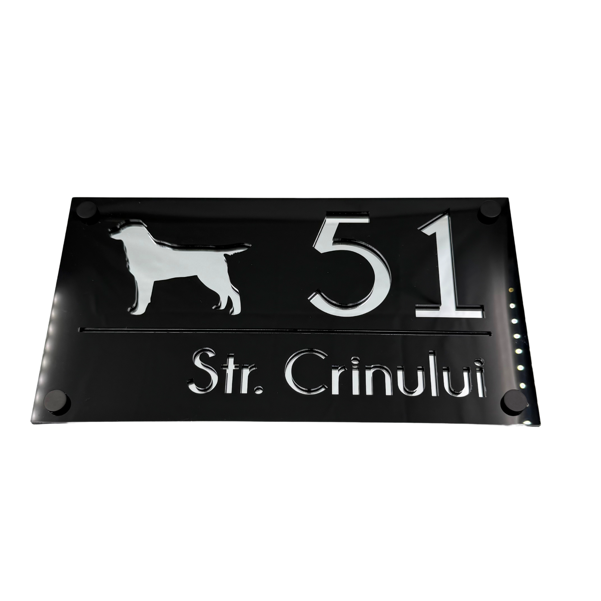 PREMIUM HOUSE NUMBER - Glossy Black Silver Mirror 4 Spacers NeGreyi - 28×15 cm
