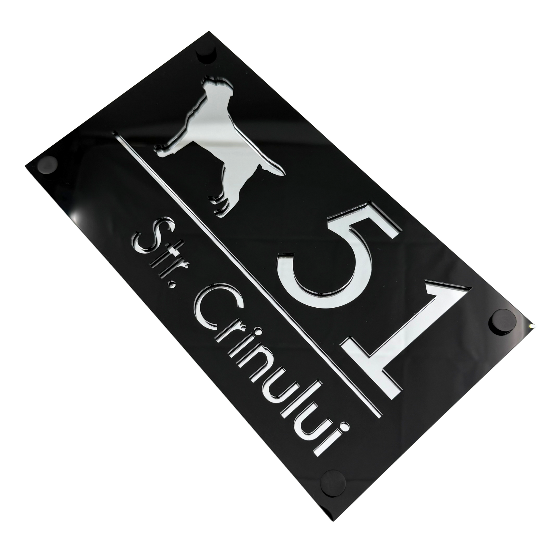 PREMIUM HOUSE NUMBER - Glossy Black Silver Mirror 4 Spacers NeGreyi - 28×15 cm