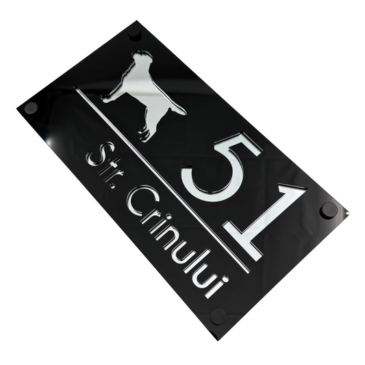 PREMIUM HOUSE NUMBER - Glossy Black Silver Mirror 4 Spacers NeGreyi - 28×15 cm