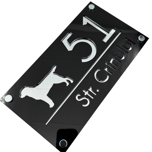 PREMIUM HOUSE NUMBER - Glossy Black Silver Mirror 4 Spacers Silver - 28×15 cm