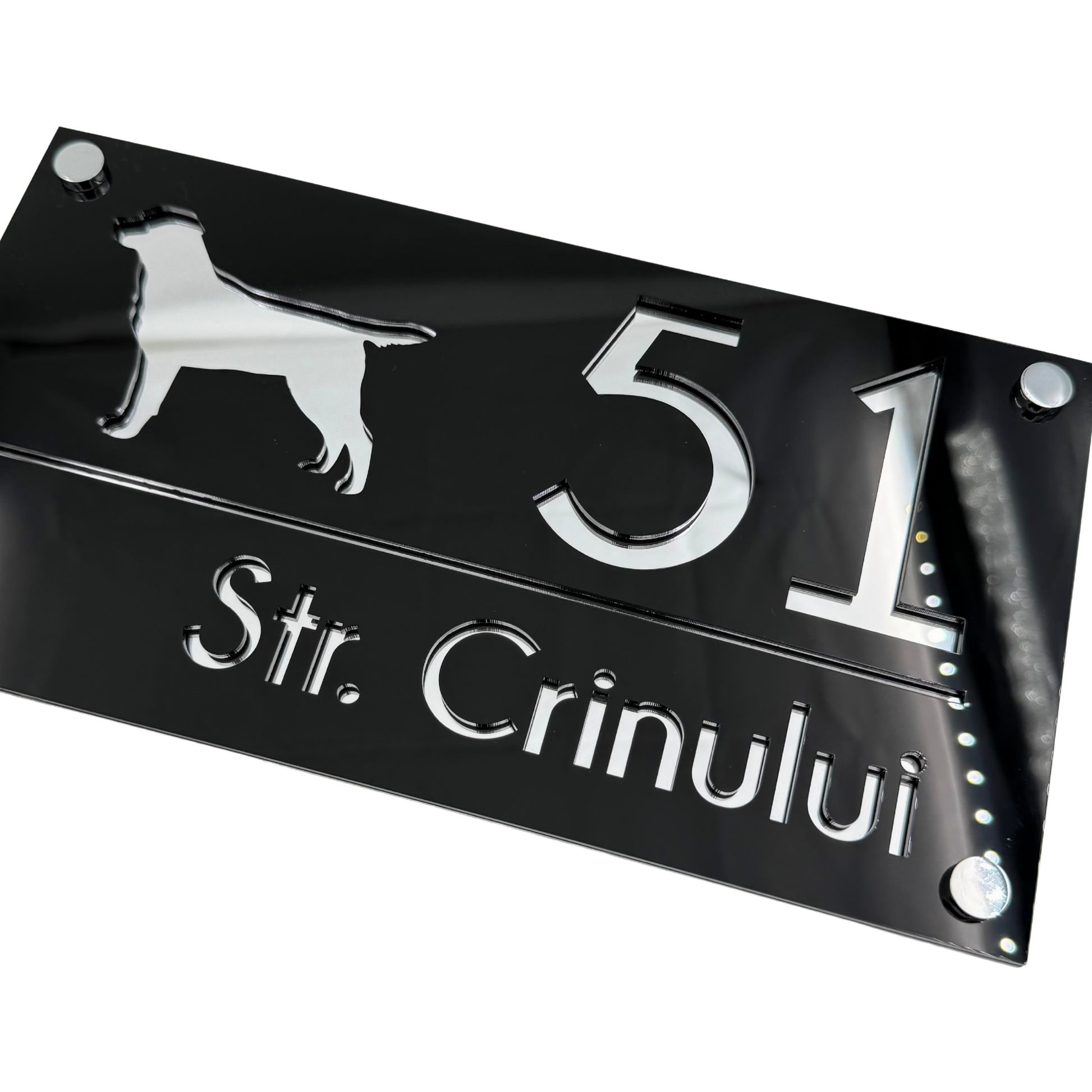 PREMIUM HOUSE NUMBER - Glossy Black Silver Mirror 4 Spacers Silver - 28×15 cm
