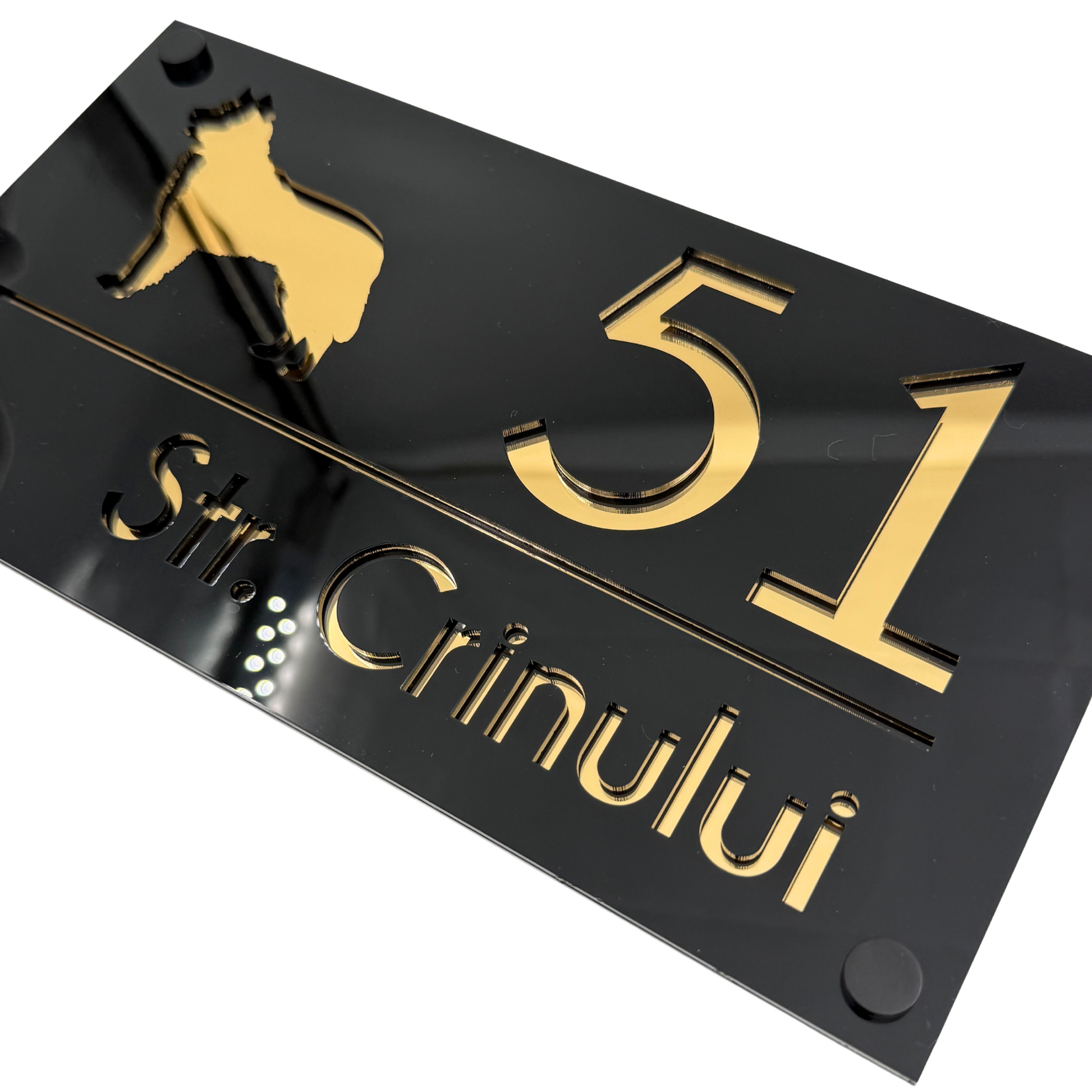 PREMIUM HOUSE NUMBER - Glossy Black Gold Mirror 4 Spacers NeGreyi - 28×15 cm
