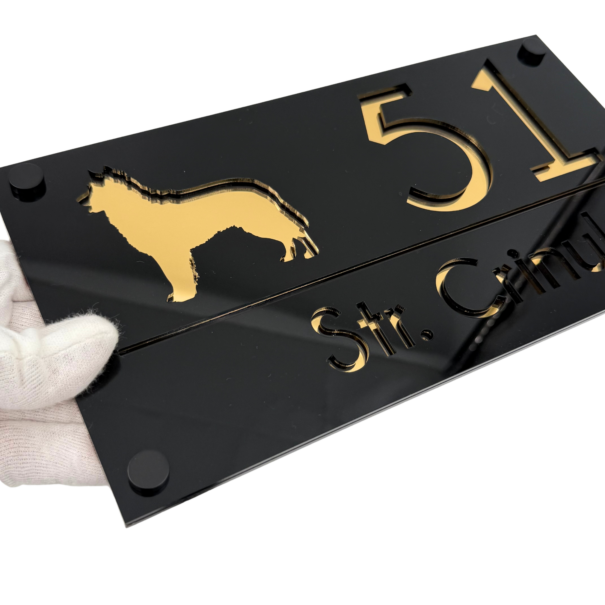 PREMIUM HOUSE NUMBER - Glossy Black Gold Mirror 4 Spacers NeGreyi - 28×15 cm