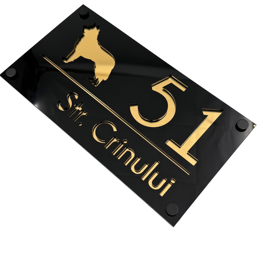 PREMIUM HOUSE NUMBER - Glossy Black Gold Mirror 4 Spacers NeGreyi - 28×15 cm