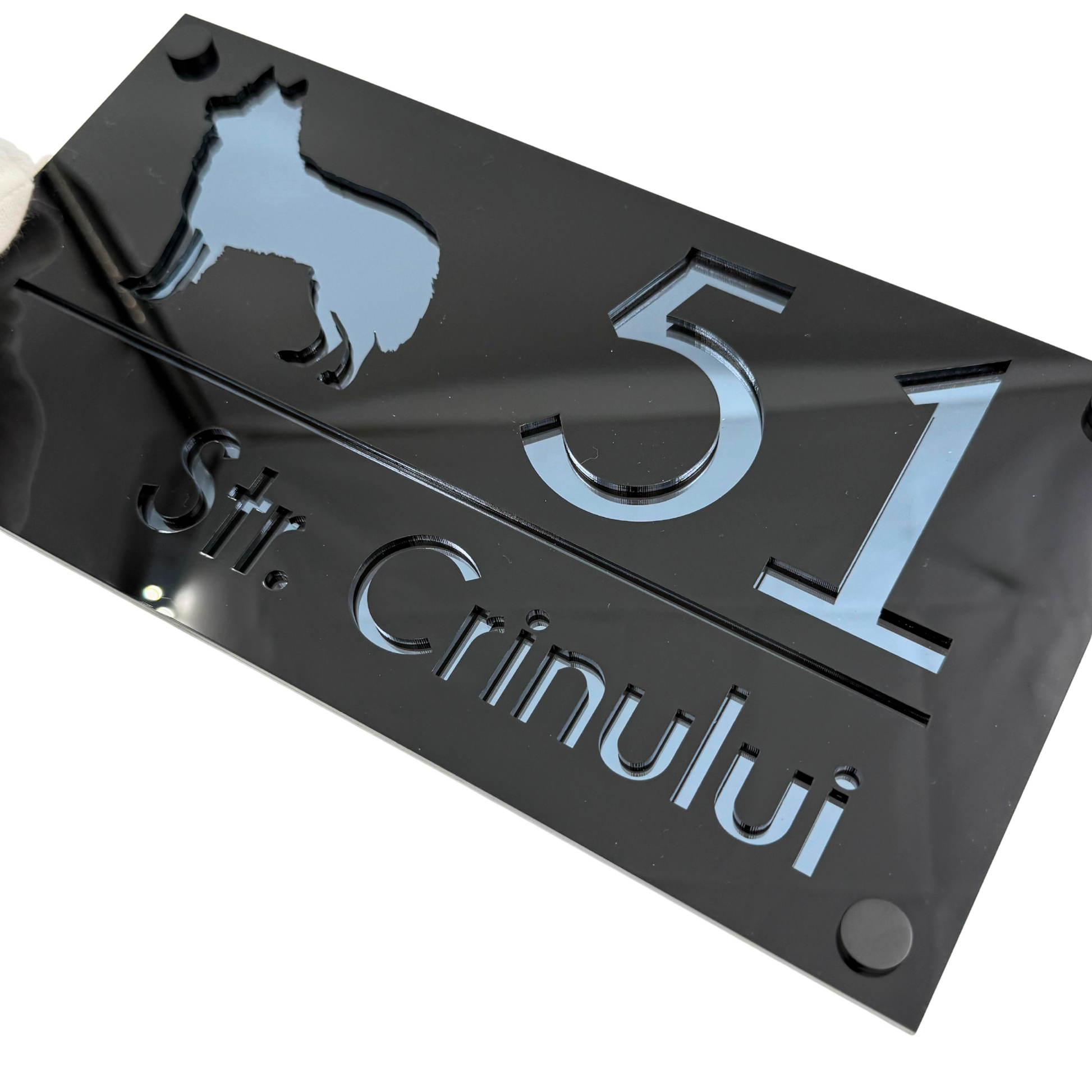 PREMIUM HOUSE NUMBER - Glossy Black Anthracite Grey Mirror 4 Spacers NeGreyi - 28×15 cm