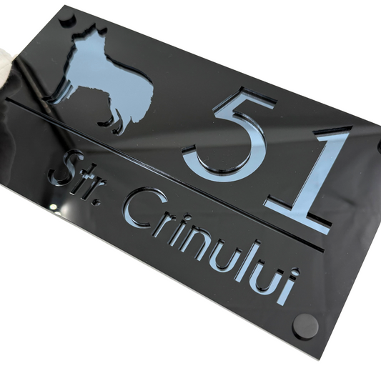 PREMIUM HOUSE NUMBER - Glossy Black Anthracite Grey Mirror 4 Spacers NeGreyi - 28×15 cm