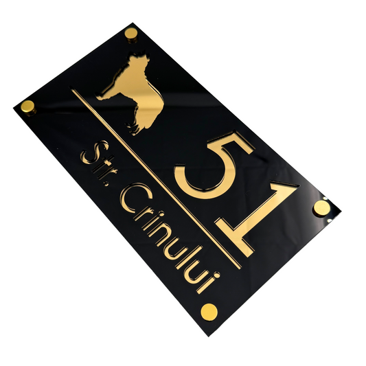 PREMIUM HOUSE NUMBER - Glossy Black Gold Mirror 4 Spacers Gold - 28×15 cm