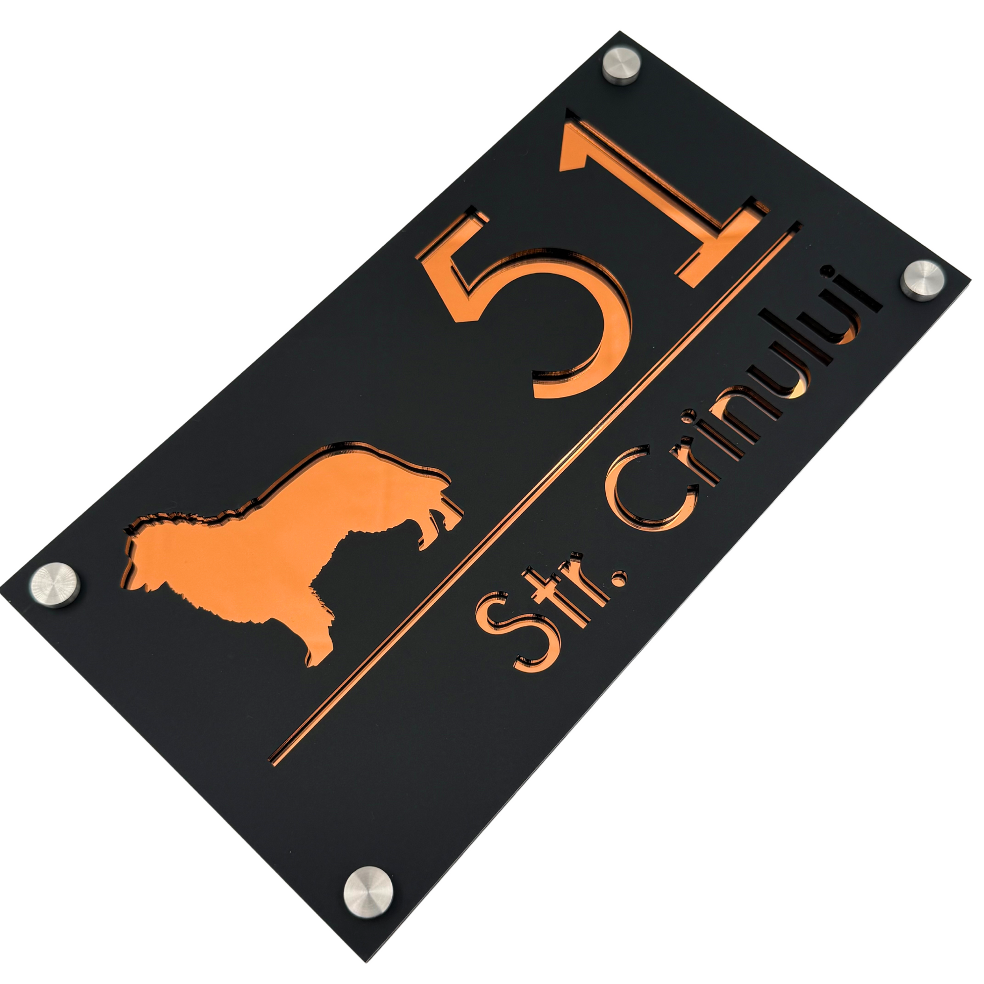 PREMIUM HOUSE NUMBER - Satin Black Copper Mirror 4 Spacers Silver - 28×15 cm