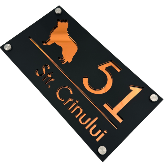 PREMIUM HOUSE NUMBER - Satin Black Copper Mirror 4 Spacers Silver - 28×15 cm