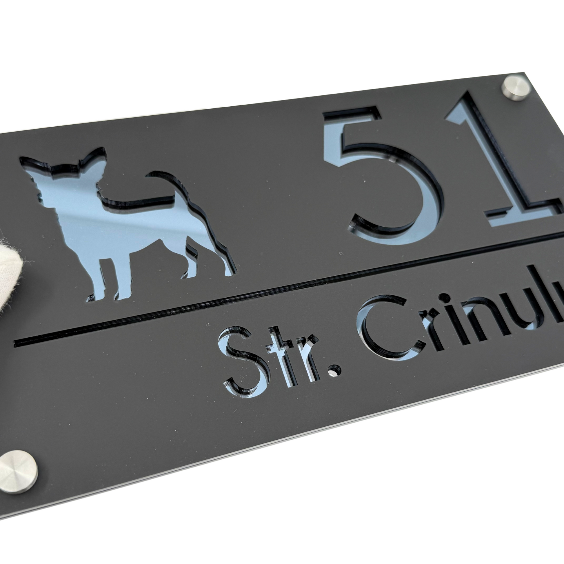 PREMIUM HOUSE NUMBER - Satin Black Anthracite Grey Mirror 4 Spacers Silver - 28×15 cm