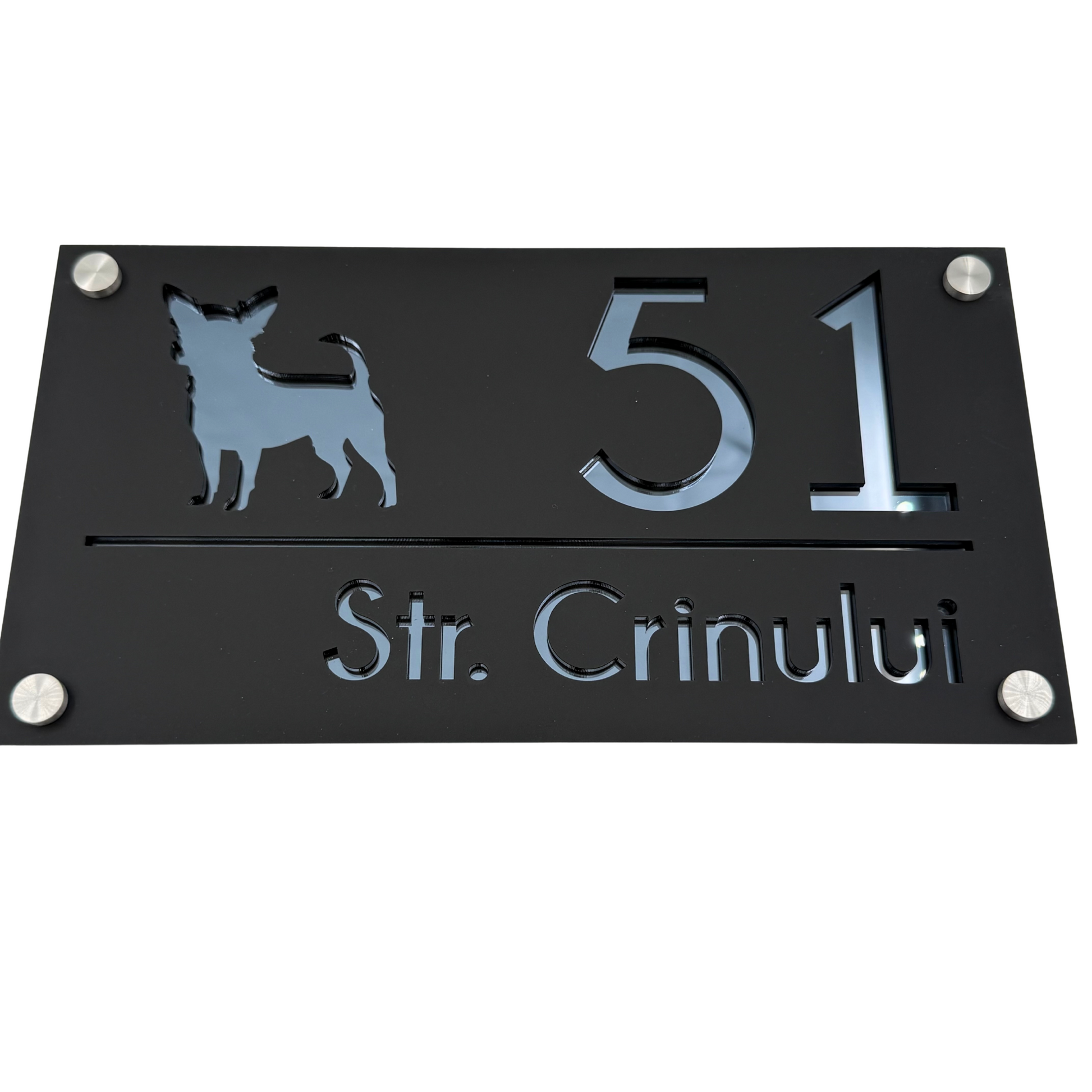 PREMIUM HOUSE NUMBER - Satin Black Anthracite Grey Mirror 4 Spacers Silver - 28×15 cm