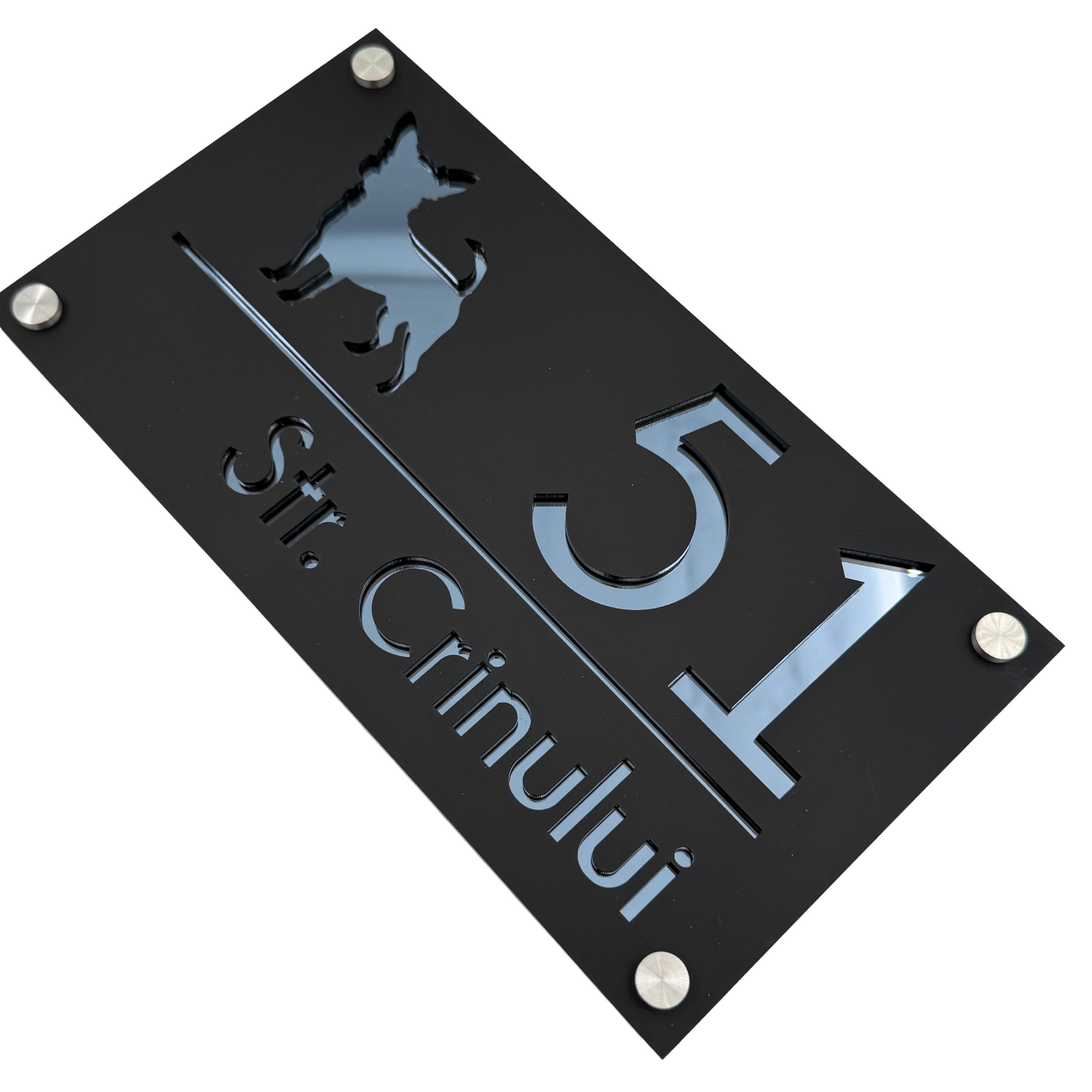 PREMIUM HOUSE NUMBER - Satin Black Anthracite Grey Mirror 4 Spacers Silver - 28×15 cm