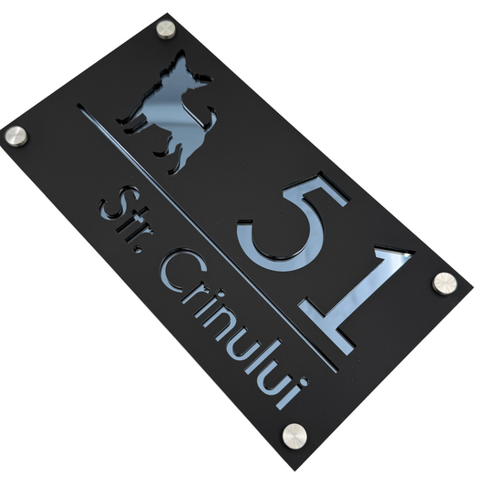 PREMIUM HOUSE NUMBER - Satin Black Anthracite Grey Mirror 4 Spacers Silver - 28×15 cm