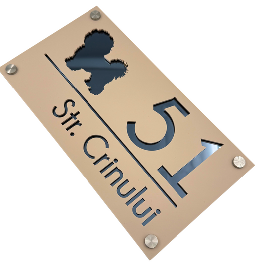 PREMIUM HOUSE NUMBER - Cream colour Satin Anthracite Grey Mirror 4 Spacers Silver - 28×15 cm