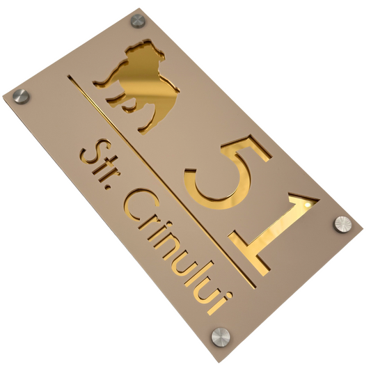 PREMIUM HOUSE NUMBER - Cream colour Satin Gold Mirror 4 Spacers Silver - 28×15 cm