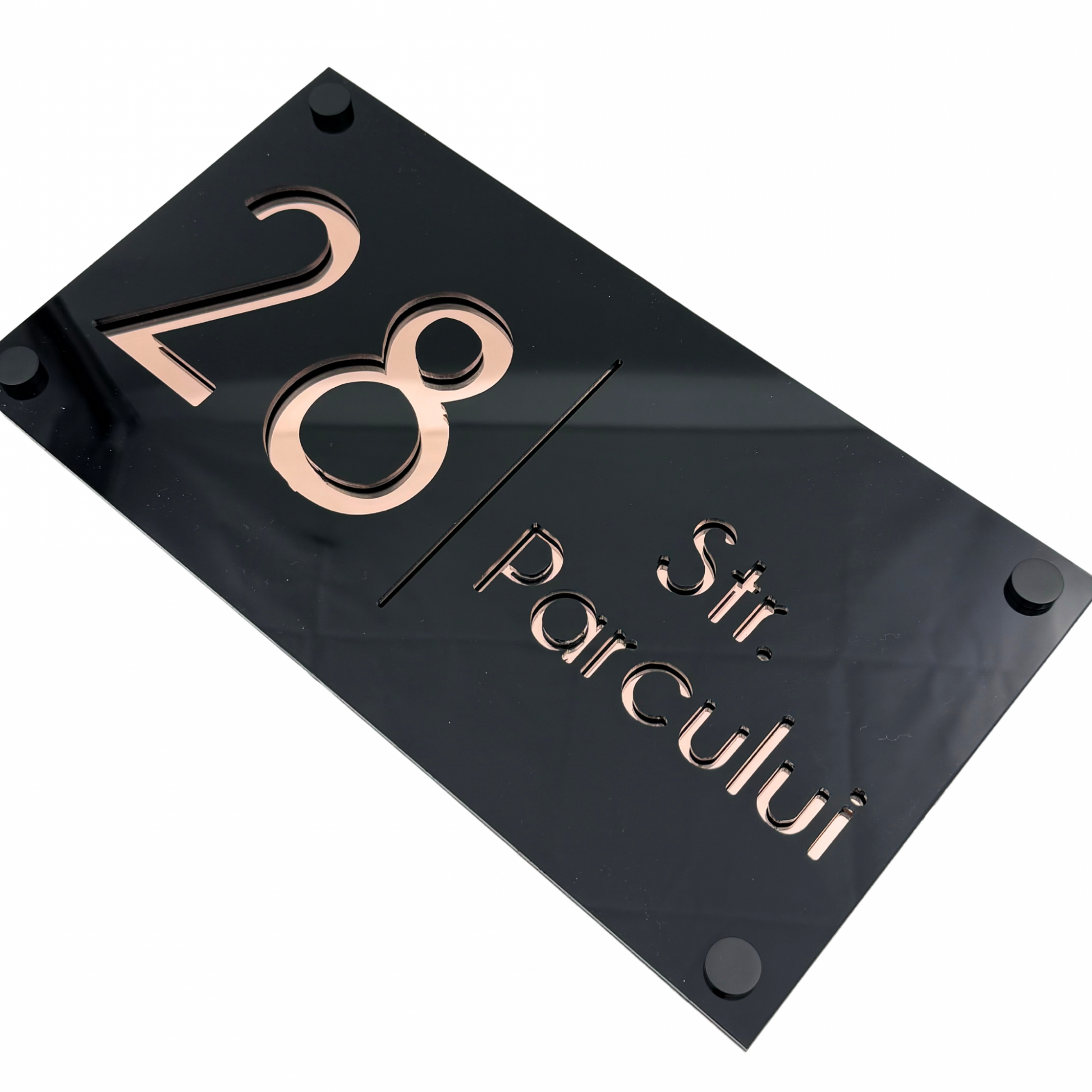 PREMIUM HOUSE NUMBER - Glossy Black Rose Gold Mirror 4 Spacers NeGreyi - 28×15 cm