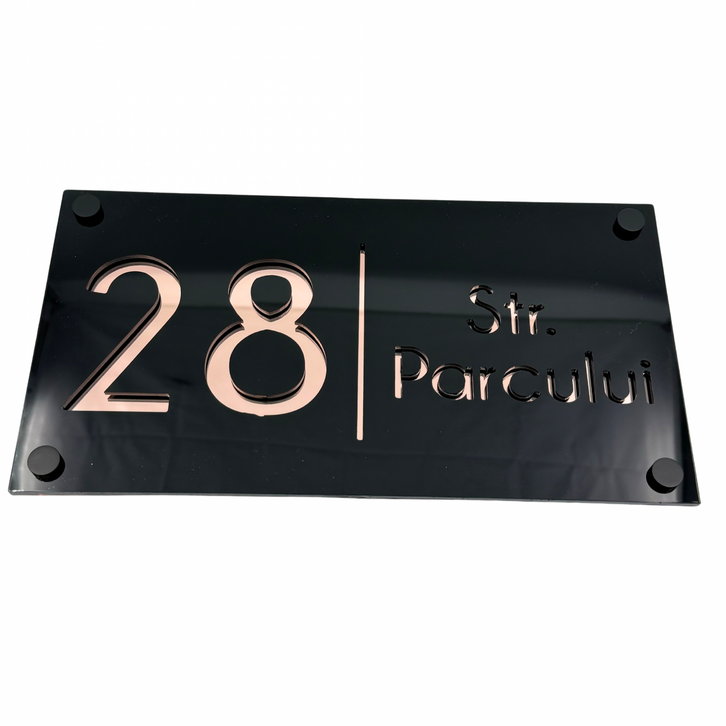 PREMIUM HOUSE NUMBER - Glossy Black Rose Gold Mirror 4 Spacers NeGreyi - 28×15 cm